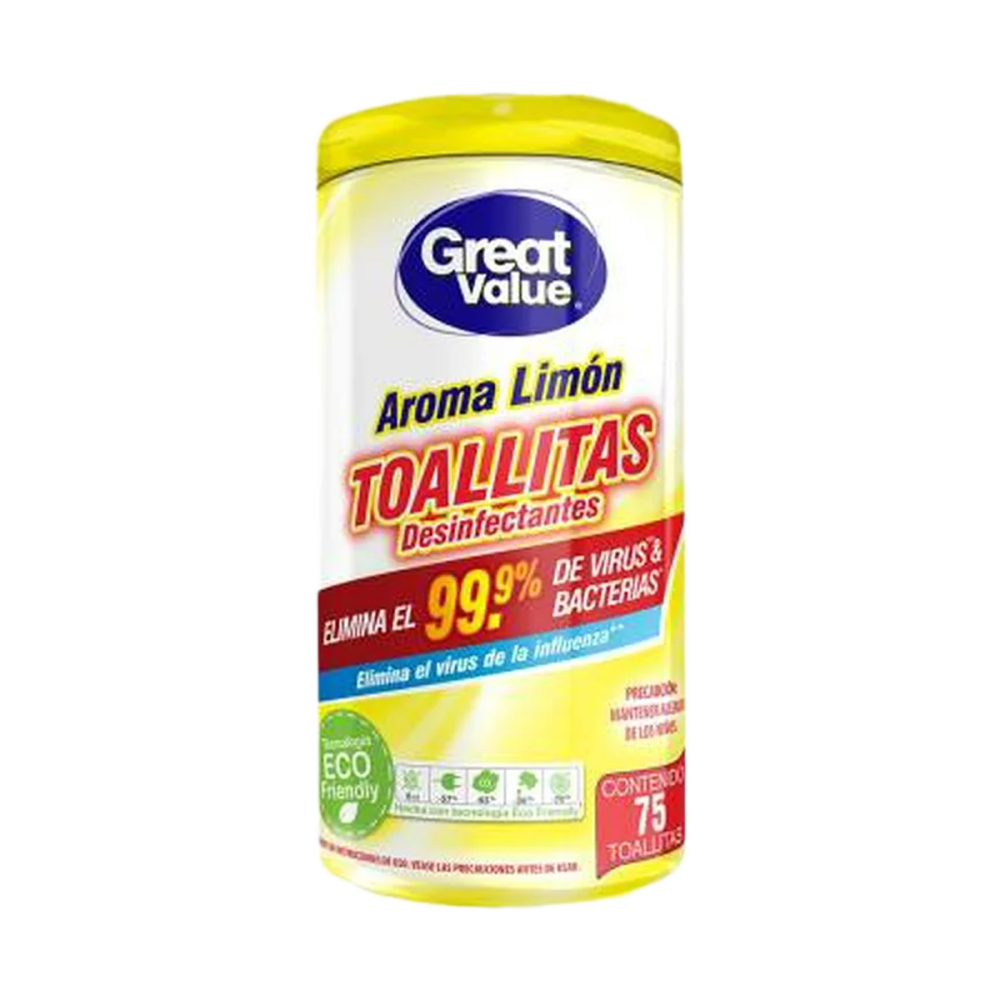 TOALLITAS DESINFECTANTES C/75 GREAT VALUE LIMON 