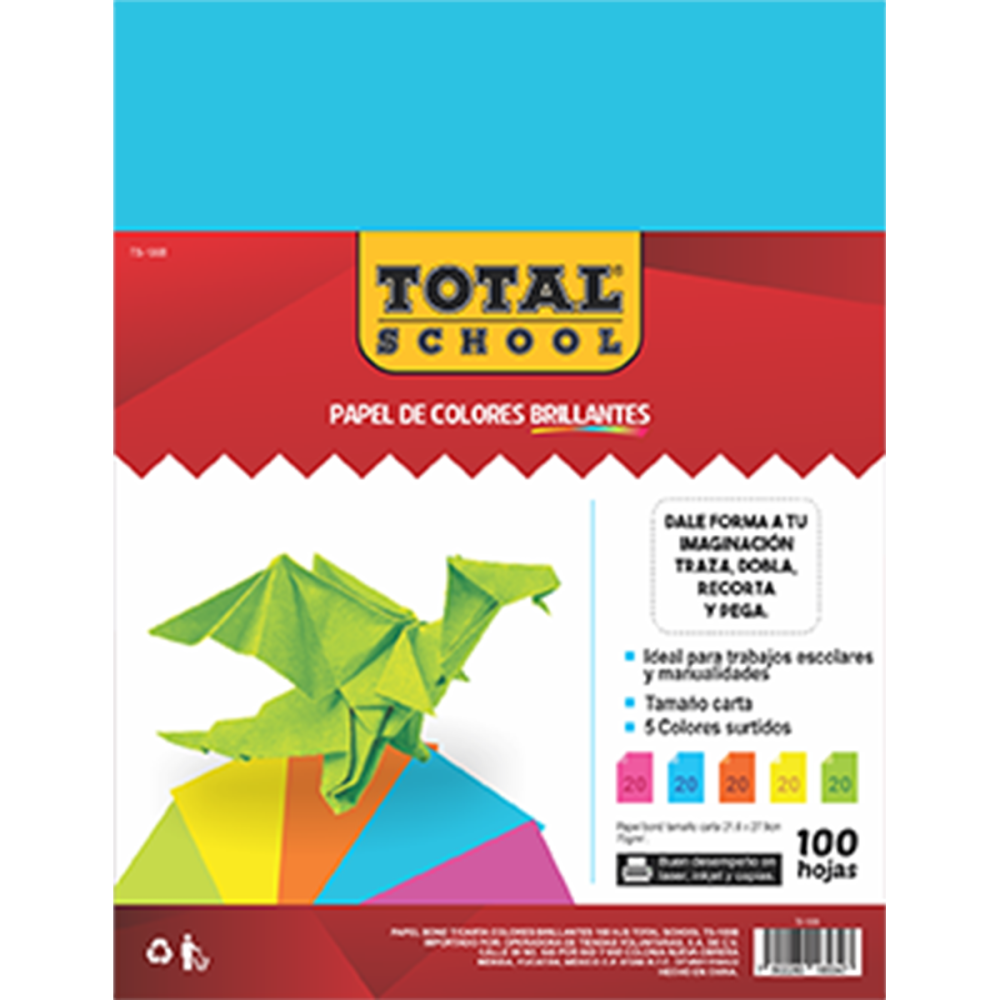 PAPEL BOND CARTA COLORES BRILLANTES 100 HJS TOTAL SCHOOL PAQ TS-100B