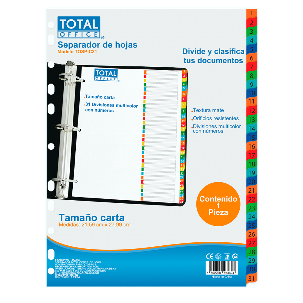 SEPARADORES CON NUMERACIÓN PLÁSTICO C/31 TOTAL OFFICE PC