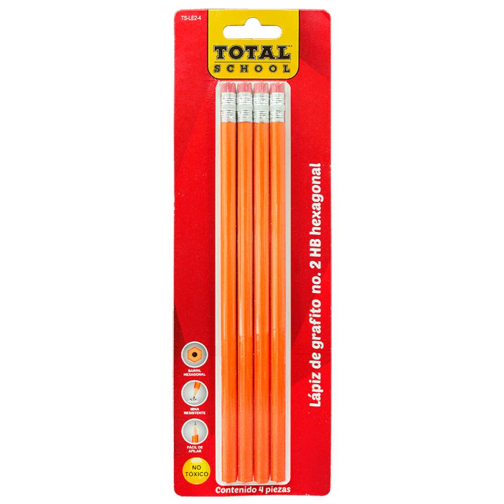 LAPIZ GRAFITO HEXAGONAL #2 C/4 TOTAL SCHOOL BLISTER TS-LE2-4
