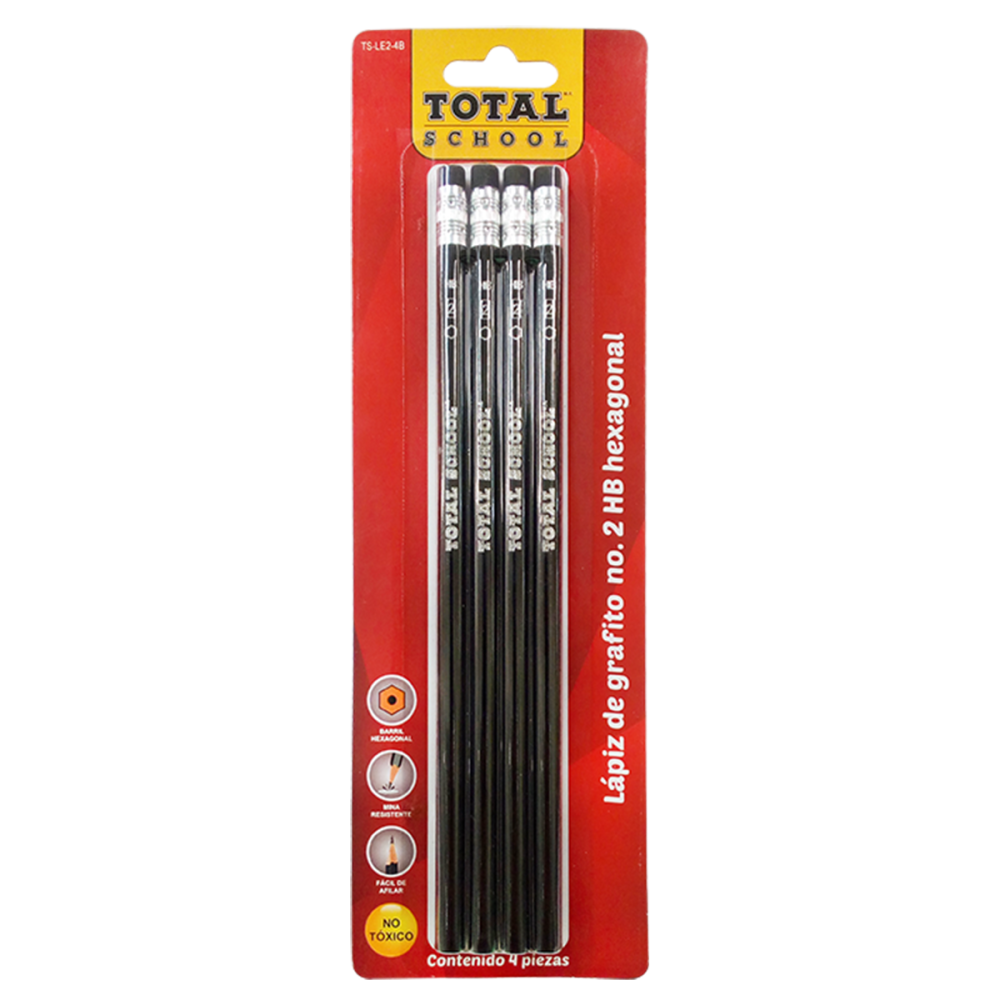 LAPIZ GRAFITO HEXAGONAL #2 NEGRO C/4 TOTAL SCHOOL BLISTER TS-LE2-4B