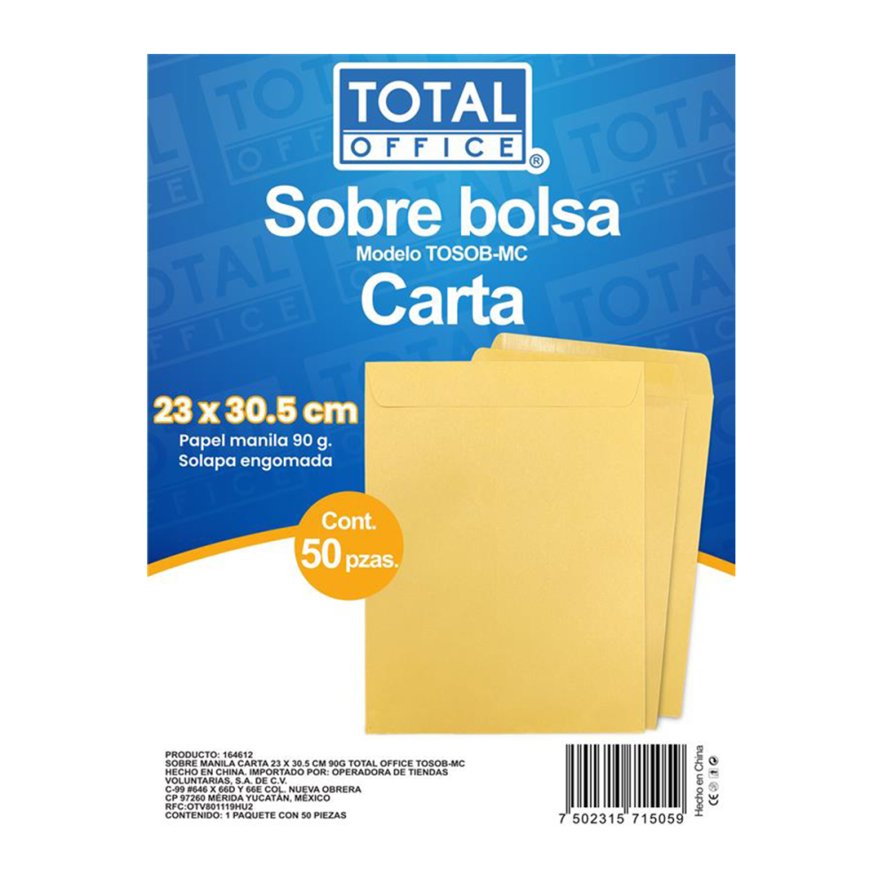 SOBRE MANILA CARTA 23 X 30.5 CM 90G TOTAL OFFICE TOSOB-MC