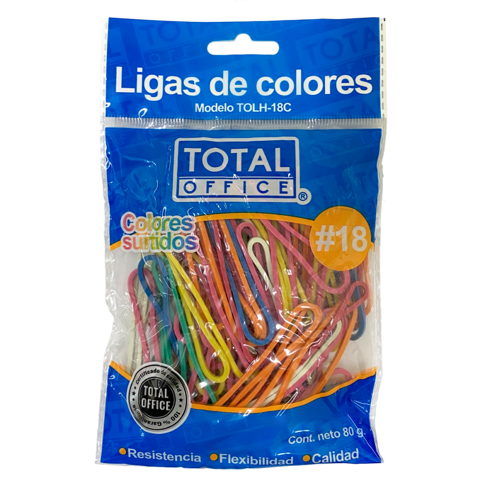LIGA DE HULE #18 COLORES 80 GRS BOLSA TOTAL OFFICE TOLH-18C