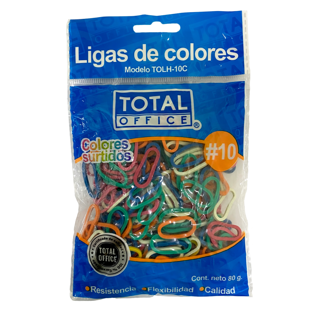 LIGA DE HULE #10 COLORES 80 GRS BOLSA TOTAL OFFICE TOLH-10C