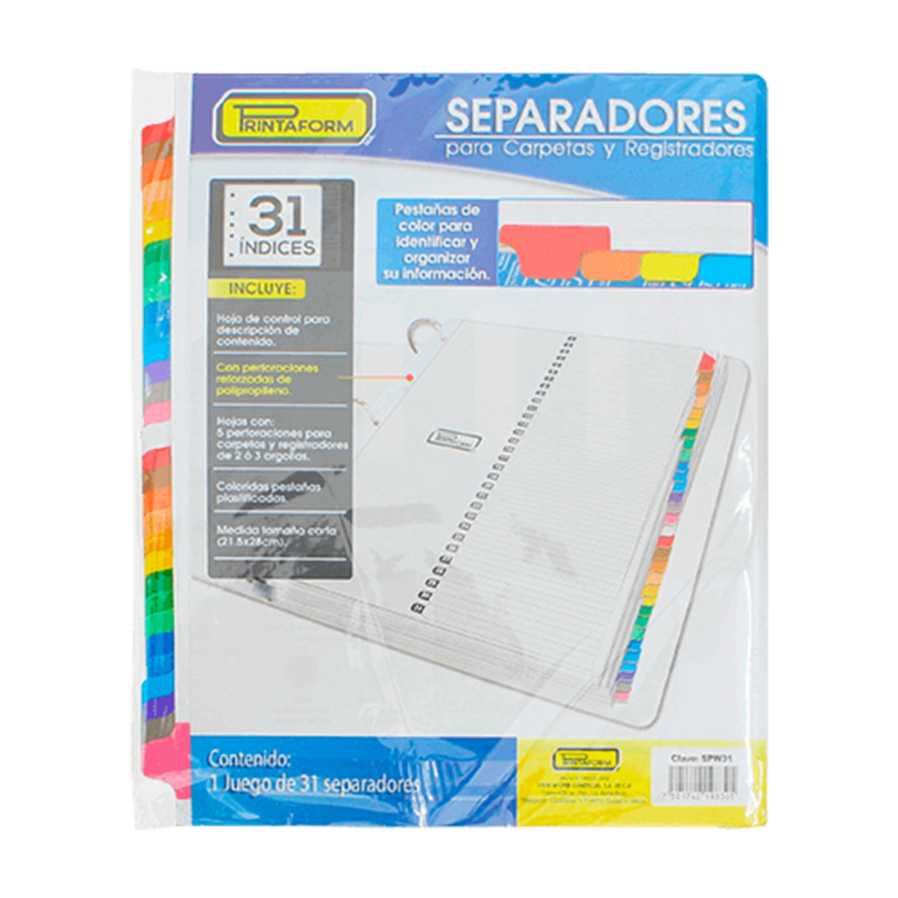 SEPARADOR 1-31 PRINTAFORM SIN NUMERACION DE CARTON