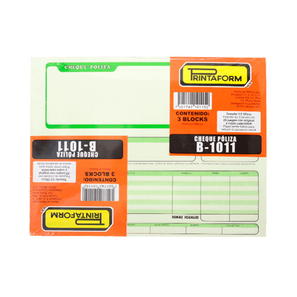 BLOCK CHEQUE POLIZA #1011 DUPLICADO 1/2 OFICIO PRINTAFORM