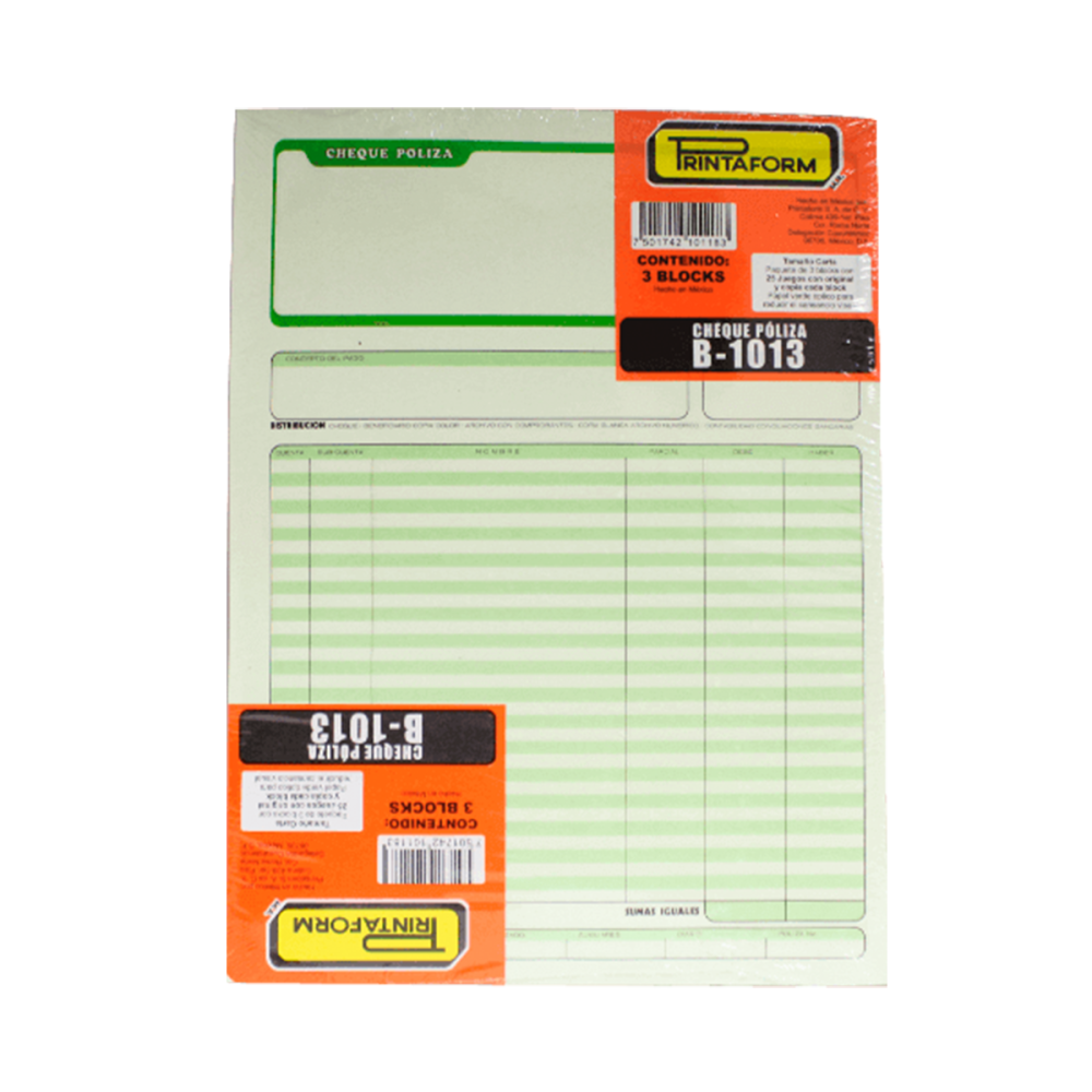 BLOCK CHEQUE POLIZA # 1013 DUPLICADO CARTA PRINTAFORM