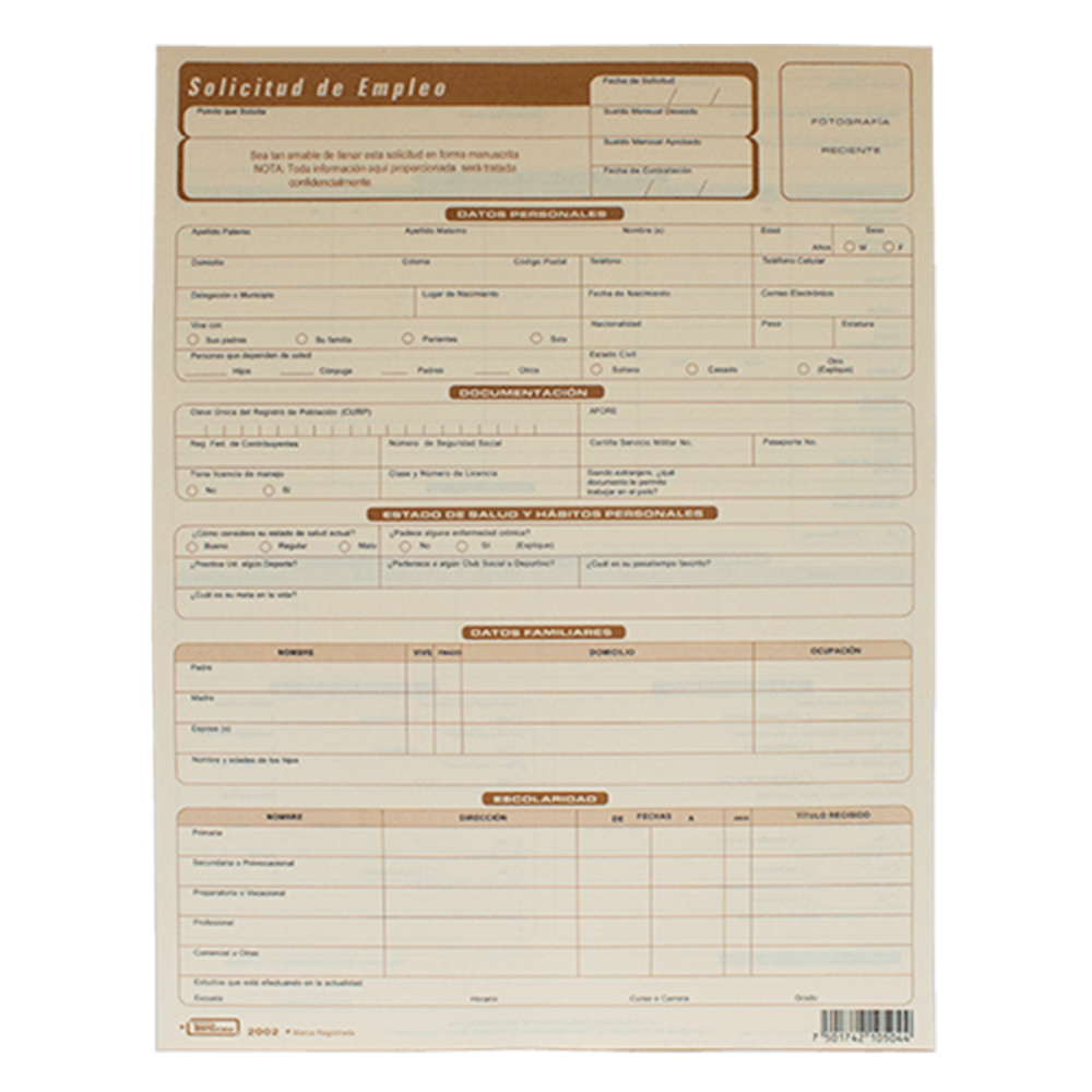 BLOCK SOLICITUD EMPLEO #2002 CARTA PRINTAFORM
